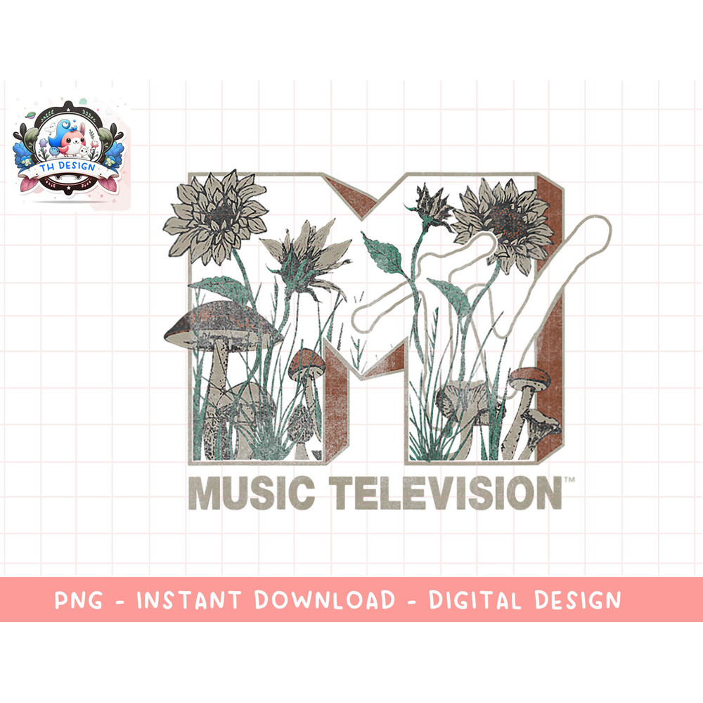 Womens MTV Music Television Wild Flower Mushrooms MTV Logo V-Neck T-Shirt copy.jpg