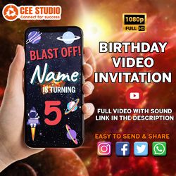 Space Astronaut Birthday Video Party Invitation, Personalized Birthday Outer Space, Rocket and Planets Digital