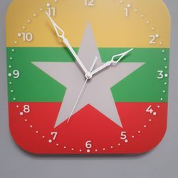 Myanmar flag clock for wall, Burmese wall decor, Burmese gifts