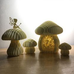 combo 3d paper craft mushroom and little fairy, mushroom pop-up card 3d, mushroom house for fairy craft svg files