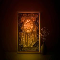 ethnic dream catcher shadow box svg template, feather pattern silhouette papercut lightbox cricut svg, 3d layered paper