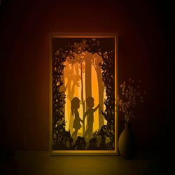 gretel and hansel shadow box svg template, children fairytale papercut lightbox cricut svg, 3d layered forest paper cut