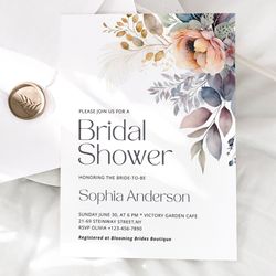 wildflower bridal shower invitation template, bridal shower invite, editable florals wedding invitation download, canva