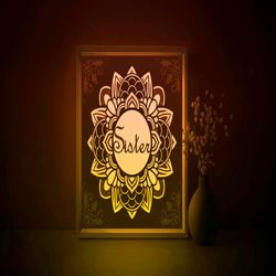 sister family shadow box svg template, mandala flower pattern papercut lightbox cricut svg, 3d layered paper cut light b