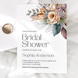 elegant bridal shower invitation template, bridal shower invite, editable wildflower wedding invitation download, canva