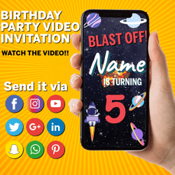 Space Astronaut Birthday Video Party Invitation, Personalized Birthday Outer Space, Rocket and Planets Digital