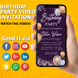 Purple Birthday Party Invitation, Animated Birthday Party Invite, Editable Electronic Bday Dinner, Video Pink Glitter
