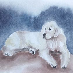 White dog pet painting living room wall art original watercolour hand painted modern painting