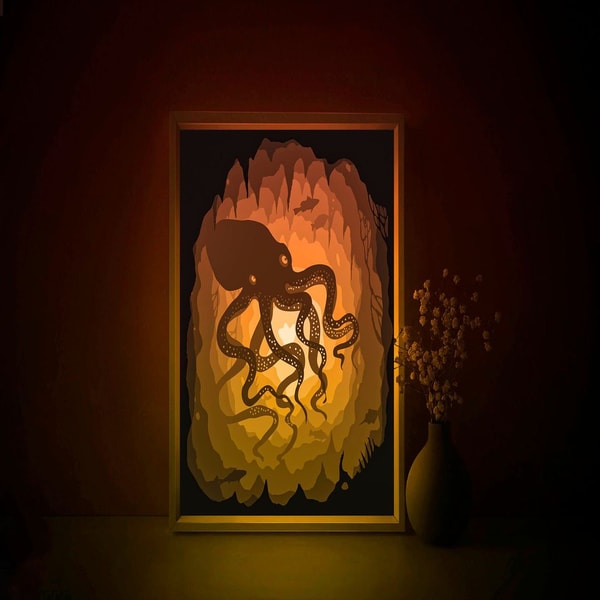 Octopus Shadow Box Octopus Shadow box SVG Template, Ocean Bottom Papercut Light - Inspire ...
