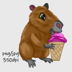 Digital download / Hand drawn, cute capybara with icecream