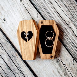 Custom Natural Oak Coffin Ring Box with a Broken Heart, Personalized Coffin Ring Box with Velvet Lining