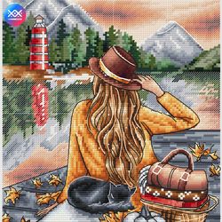 fall landscape cross stitch pattern, lighthouse cross stitch chart, girl cross stitch, forest cross stitch, digital pdf