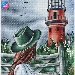 stormic sky cross stitch pattern, lighthouse cross stitch chart, girl cross stitch, nature cross stitch, digital pdf