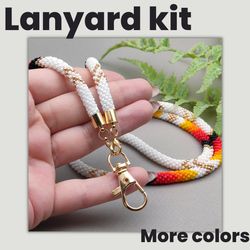 diy kit white lanyard, bead crochet kit lanyard, diy kit ethnic lanyard, making kit lanyard, diy lanyard id holder kit