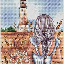 wheat field cross stitch pattern, lighthouse cross stitch chart, girl cross stitch, landscape cross stitch, pdf file