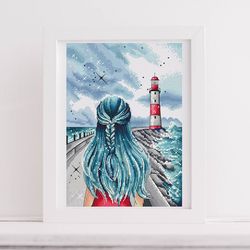 storm seascape cross stitch pattern, blue hair girl cross stitch chart, lighthouse cross stitch, landscape cross stitch