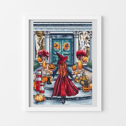 red hat witch cross stitch pattern, halloween cross stitch chart, pumpkin cross stitch, girl cross stitch, digital pdf