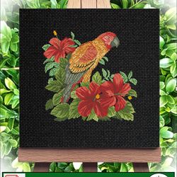 Vintage Cross Stitch Scheme  Macaw and hibiscus