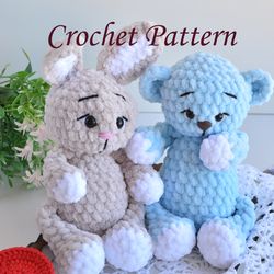 crochet pattern bear and bunny, easy pattern bear, plush bunny pattern, amigurumi toy pattern, handmade stuffed bear