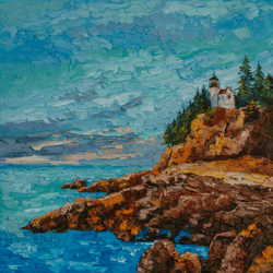 Lighthouse Painting Ocean Original Art Impressionist Art Impasto Painting Seascape Painting 24"x24" by Ksenia De