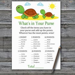 Cute Turtle What's in your purse game,Turtle Baby shower games printable,Fun Baby Shower Activity,Instant Download-333