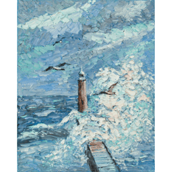 Lighthouse Painting Seascape Orginal Art Impressionist Art Impasto Painting Seagulls Painting 20"x16" by Ksenia De