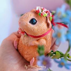 Guinea pig doll with flower decor made of polymer clay. It's a toy for adult girl loves her orange guinea pig pet