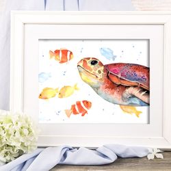 Sea Turtle Painting Watercolor Wall Decor 8"x11" home art handmade turtle fish watercolor painting art by Anne Gorywine