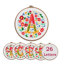 Bright flowers alphabet cross stitch pattern, 26 Letters