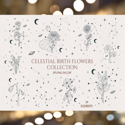 hand drawn celestial birth month flowers