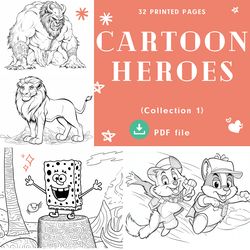 Coloring book for children "Cartoon Heroes", coloring books for girls and boys Grayscale Printable PDF Coloring Pages