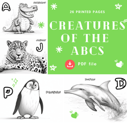 Creatures of the ABCs: An Animal Alphabet Coloring Book For Children Grayscale Printable PDF Coloring Pages
