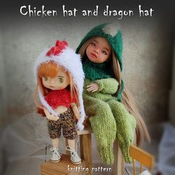 Doll hat knitting pattern, making knitted clothing for toy and teddy bear clothes. Knitted dragon and chicken hat guide