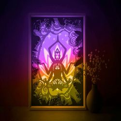 shiva shadow box svg template, mandala flower papercut lightbox cricut svg, 3d layered lotus pose paper cut light box dx