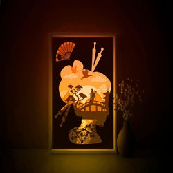 japan scape shadow box svg template, japanese geisha papercut lightbox cricut svg, 3d layered paper cut light box dxf pa