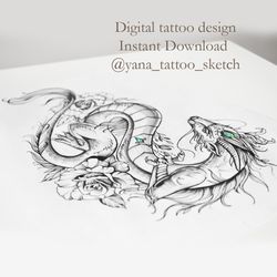 Dragon Tattoo Sketch for Woman Dragon Tattoo Design Female Dragon And Flower Tattoo Design, Instant download JPG, PNG