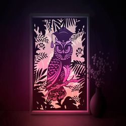 owl teacher shadow box svg template, bird papercut lightbox cricut svg, 3d layered leaves paper cut light box dxf paperc