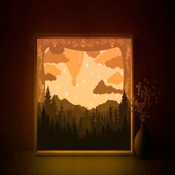 forest ballon shadow box svg template, mountain landscape papercut lightbox cricut svg, 3d layered paper cut light box d