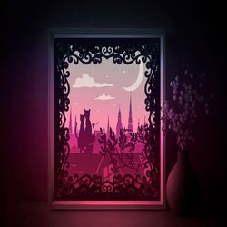 cats on roof fairytale shadow box svg template, love cats papercut lightbox cricut svg, 3d layered paper cut light box d