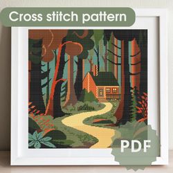 Cross stitch pattern /200x200st/ Forest house, PDF cross stitch chart, cross stitch pattern Landscape, x stitch chart