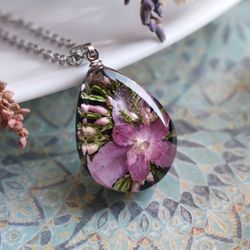 Real hydrangea and heather pendant. Dried flower necklace. Flowers in resin.