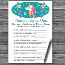 Rainbow Unicorn Nursery rhyme quiz baby shower game card,Unicorn Baby shower game printable,Fun Baby Shower Activity-329