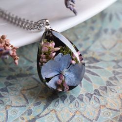 Real hydrangea and heather pendant. Dried flower necklace. Flowers in resin.