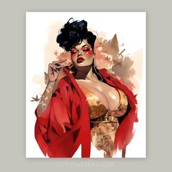 gorgeous curvy woman in gold and red, watercolor art, beautiful plus size woman art, printable art, body positive art