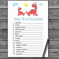Red Dinosaur Baby word scramble game card,Dinosaur Baby shower games printable,Fun Baby Shower Activity-328