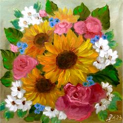 Sunflowers Painting Original Artwork Flowers Art Small Oil Painting Floral Original Art Bright Flowers Painting 8 x 8