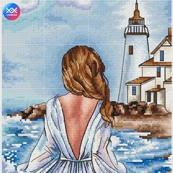 seacoast landscape cross stitch patten, lighthouse cross stitch chart, girl cross stitch, sea cross stitch, digital pdf