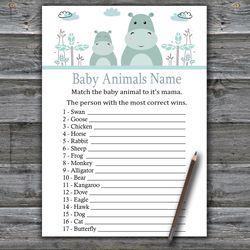Blue Hippo Baby animals name game card,Hippo Baby shower games printable,Fun Baby Shower Activity,Instant Download-325