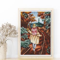 fall forest cross stitch pattern, lighthouse cross stitch chart, girl cross stitch, fall landscape cross stitch, pdf