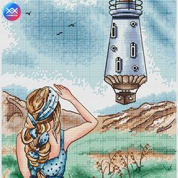 green field cross stitch pattern, lighthouse cross stitch chart, girl cross stitch, landscape cross stitch, digital pdf